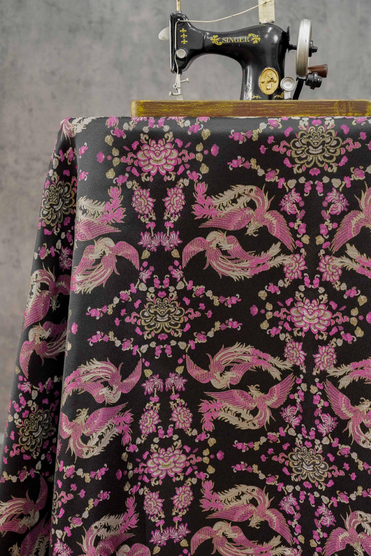 Black Song Brocade Fabric, Pink Phoenix and Floral Gold Jacquard, Chinese Silk Style Fabric for Cheongsam, Qipao, Jackets, Hanfu Sewing, 59"