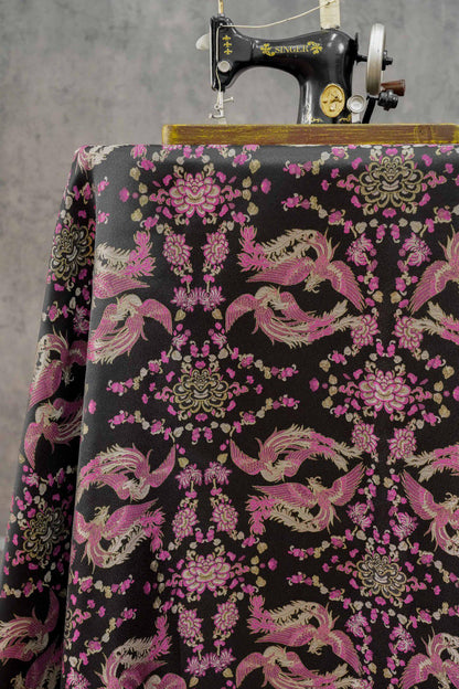 Black Song Brocade Fabric, Pink Phoenix and Floral Gold Jacquard, Chinese Silk Style Fabric for Cheongsam, Qipao, Jackets, Hanfu Sewing, 59"