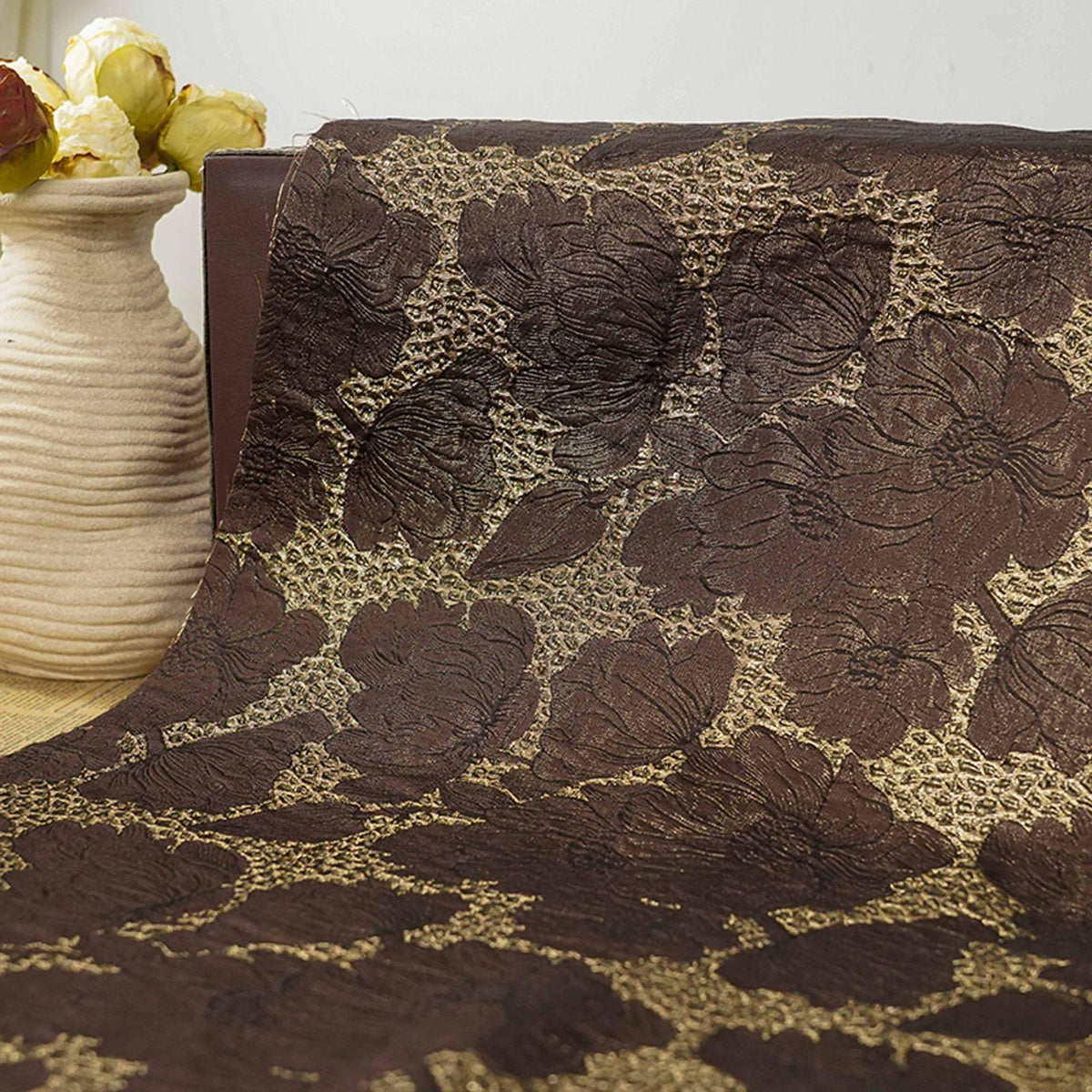 Brown Gold Floral Jacquard Fabric, 3D Embossed Brocade with Large Flowers, Textured Metallic Fabric for Dresses, Jackets, Upholstery, 55"