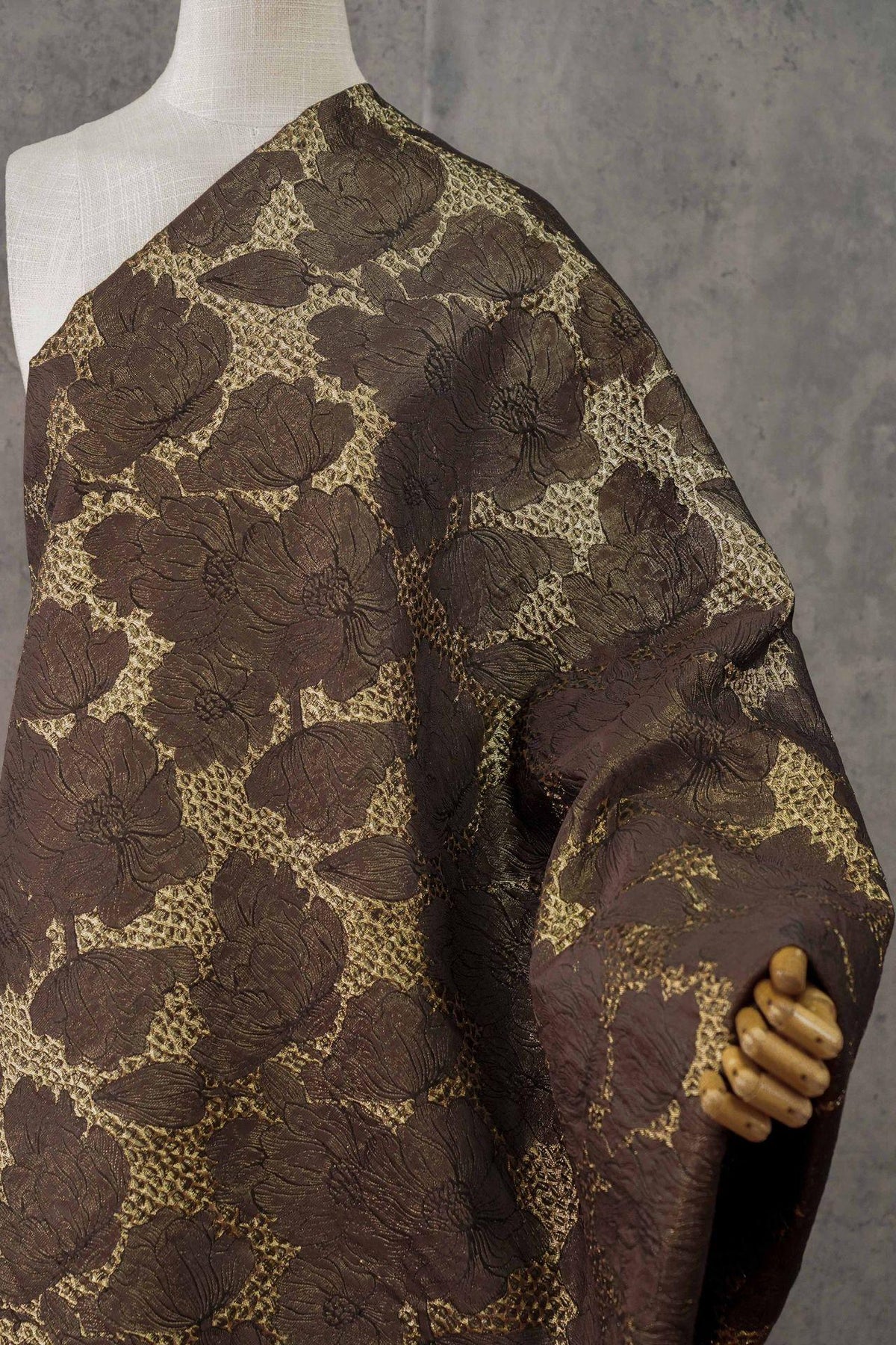 Brown Gold Floral Jacquard Fabric, 3D Embossed Brocade with Large Flowers, Textured Metallic Fabric for Dresses, Jackets, Upholstery, 55"