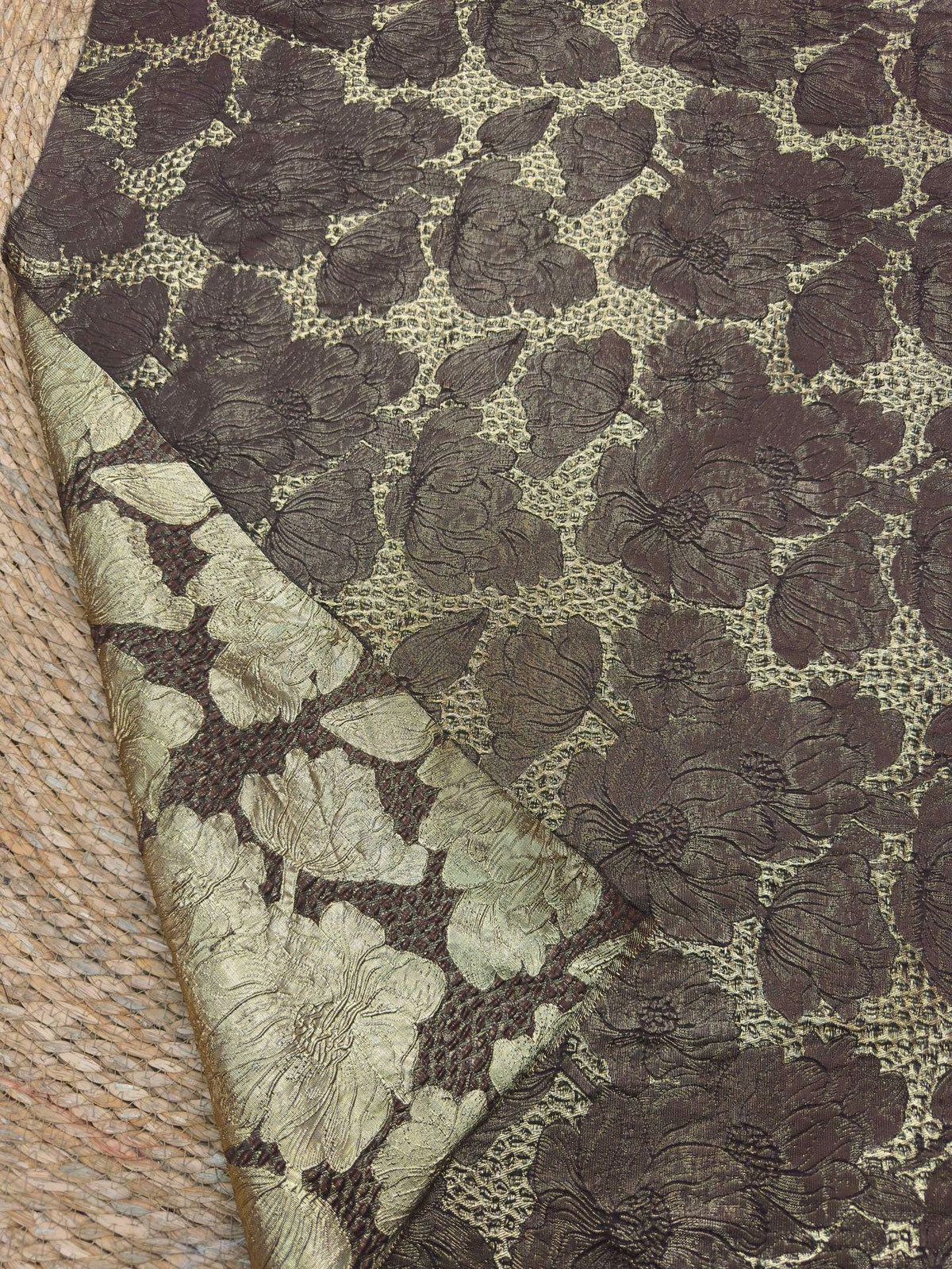 Brown Gold Floral Jacquard Fabric, 3D Embossed Brocade with Large Flowers, Textured Metallic Fabric for Dresses, Jackets, Upholstery, 55"