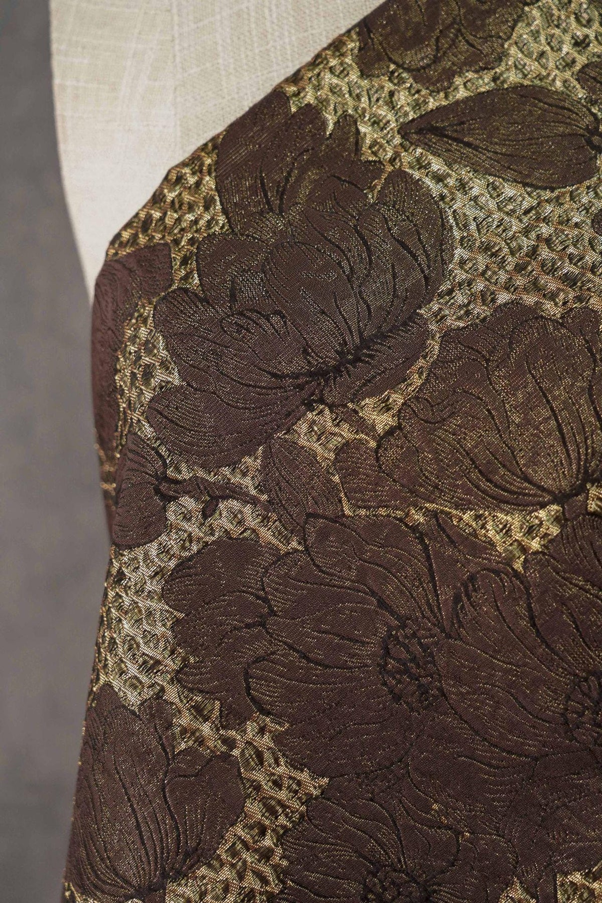 Brown Gold Floral Jacquard Fabric, 3D Embossed Brocade with Large Flowers, Textured Metallic Fabric for Dresses, Jackets, Upholstery, 55"
