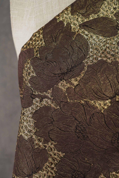 Brown Gold Floral Jacquard Fabric, 3D Embossed Brocade with Large Flowers, Textured Metallic Fabric for Dresses, Jackets, Upholstery, 55"