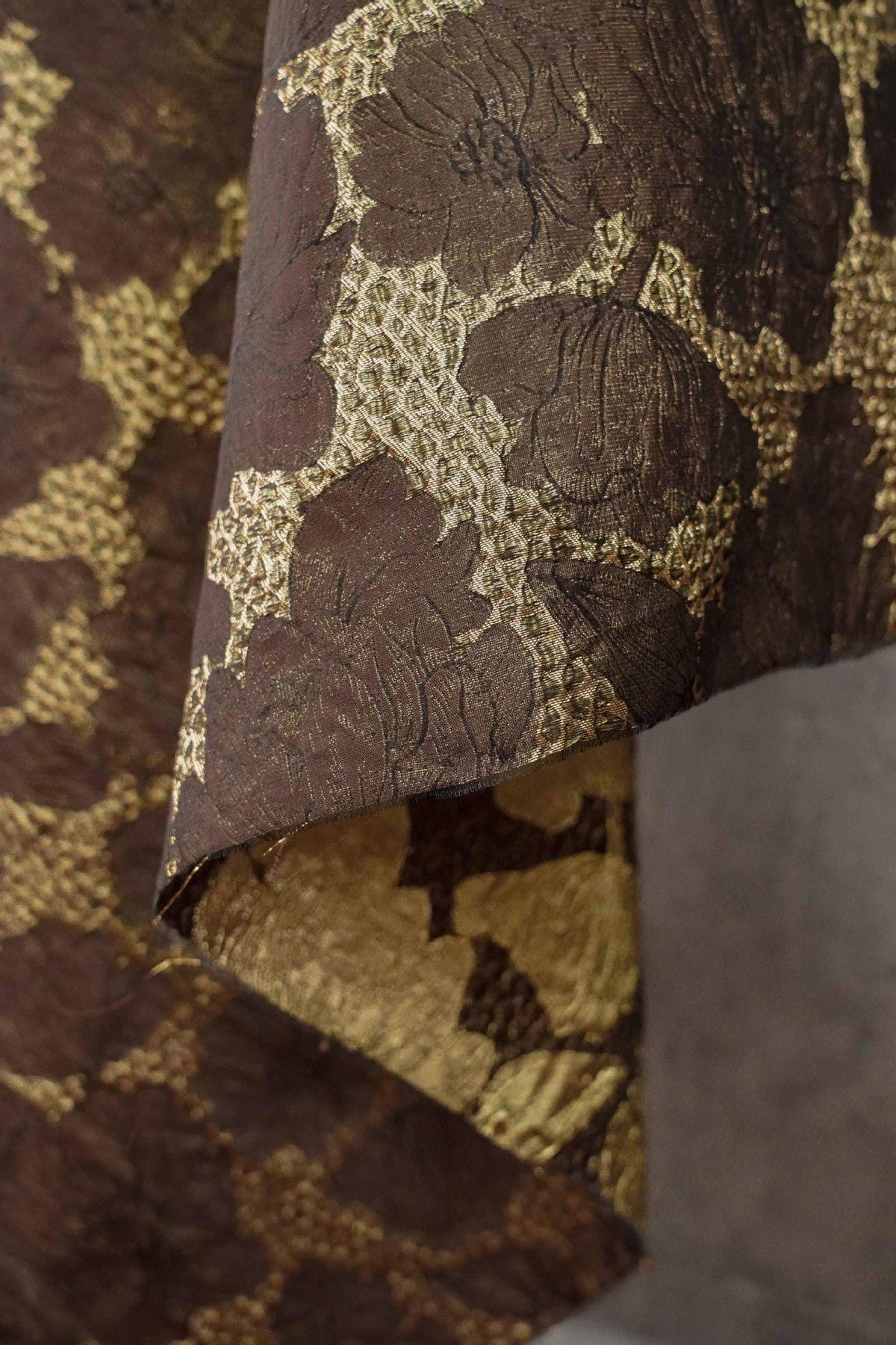 Brown Gold Floral Jacquard Fabric, 3D Embossed Brocade with Large Flowers, Textured Metallic Fabric for Dresses, Jackets, Upholstery, 55"
