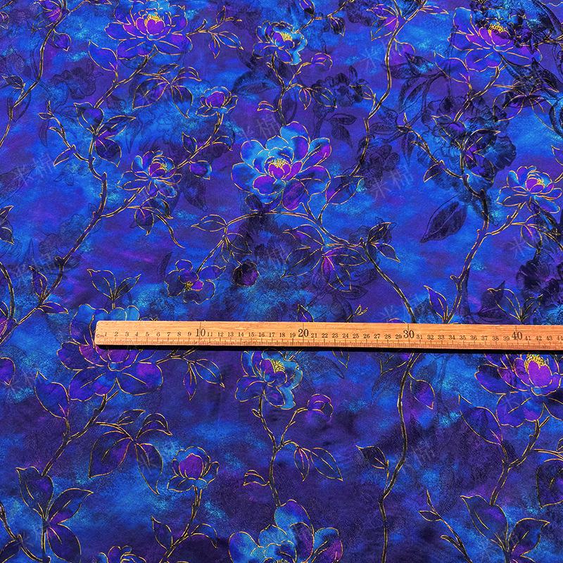 Royal Blue Purple Floral Jacquard Fabric, Gold Hibiscus Brocade, Shimmering Textured Fabric for Cheongsam, Dresses, Jackets, Couture, 56"