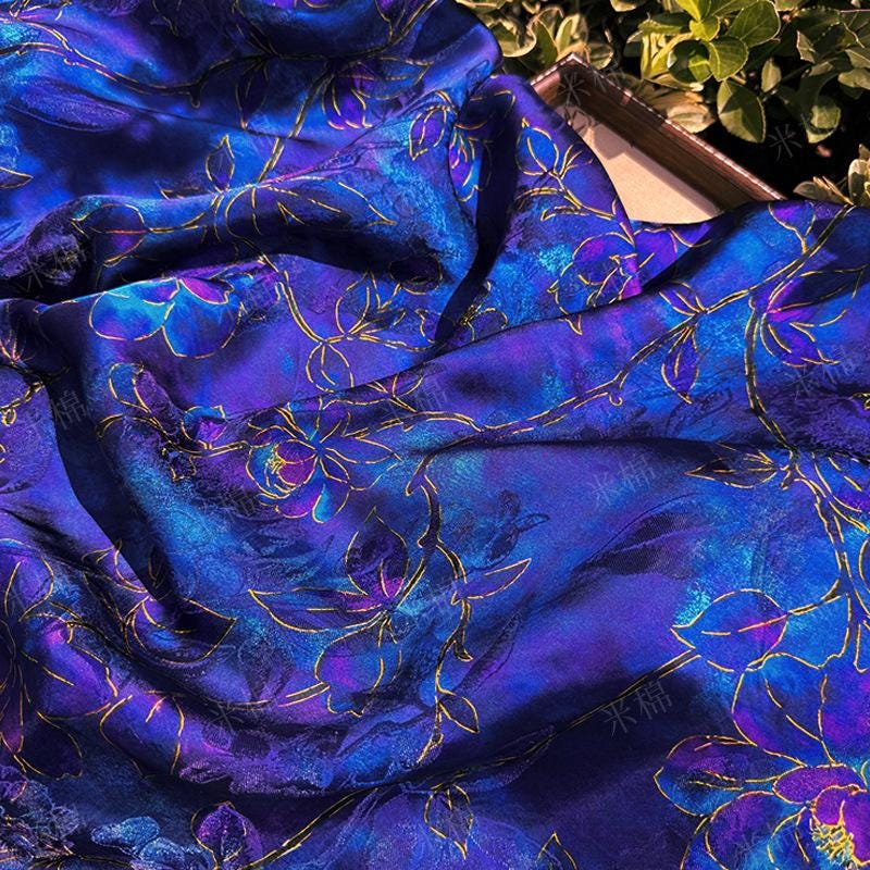 Royal Blue Purple Floral Jacquard Fabric, Gold Hibiscus Brocade, Shimmering Textured Fabric for Cheongsam, Dresses, Jackets, Couture, 56"
