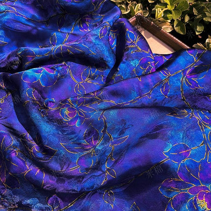 Royal Blue Purple Floral Jacquard Fabric, Gold Hibiscus Brocade, Shimmering Textured Fabric for Cheongsam, Dresses, Jackets, Couture, 56"