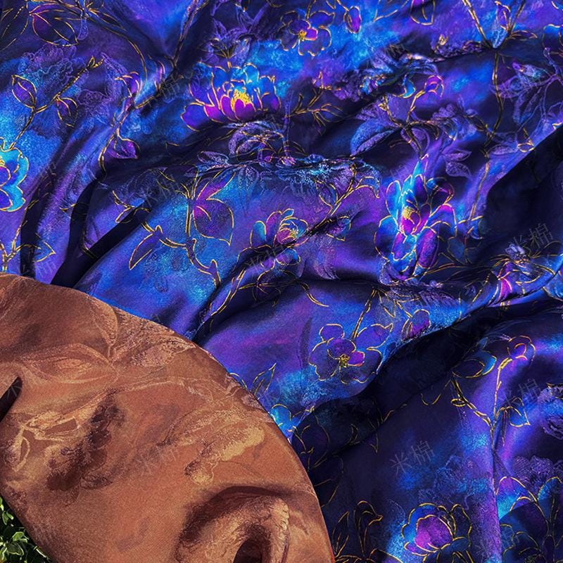 Royal Blue Purple Floral Jacquard Fabric, Gold Hibiscus Brocade, Shimmering Textured Fabric for Cheongsam, Dresses, Jackets, Couture, 56"