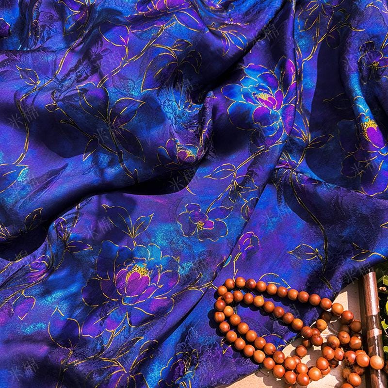 Royal Blue Purple Floral Jacquard Fabric, Gold Hibiscus Brocade, Shimmering Textured Fabric for Cheongsam, Dresses, Jackets, Couture, 56"