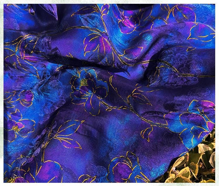 Royal Blue Purple Floral Jacquard Fabric, Gold Hibiscus Brocade, Shimmering Textured Fabric for Cheongsam, Dresses, Jackets, Couture, 56"