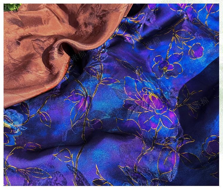 Royal Blue Purple Floral Jacquard Fabric, Gold Hibiscus Brocade, Shimmering Textured Fabric for Cheongsam, Dresses, Jackets, Couture, 56"