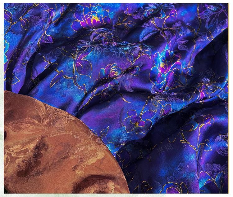 Royal Blue Purple Floral Jacquard Fabric, Gold Hibiscus Brocade, Shimmering Textured Fabric for Cheongsam, Dresses, Jackets, Couture, 56"