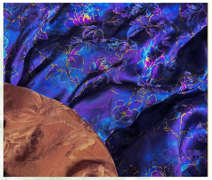 Royal Blue Purple Floral Jacquard Fabric, Gold Hibiscus Brocade, Shimmering Textured Fabric for Cheongsam, Dresses, Jackets, Couture, 56"