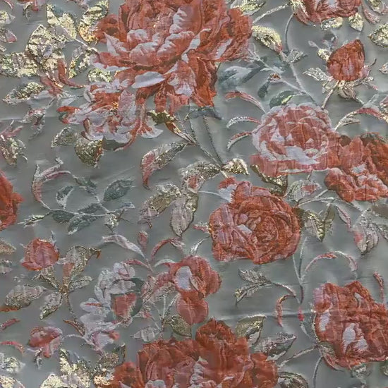 Raised Peony Jacquard Fabric, Orange Ivory Metallic Gold Yarn-Dyed Woven Textile for Dress, Vest, Table Runner & Decor, 55" Wide