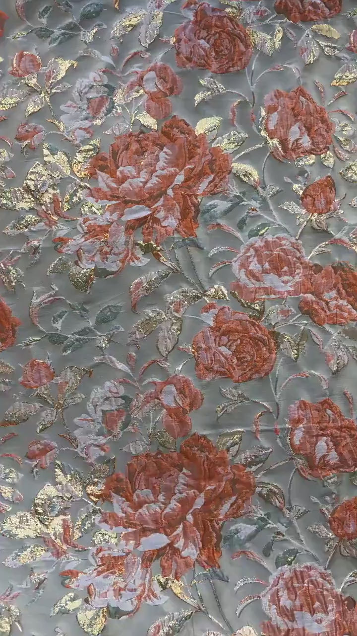 Raised Peony Jacquard Fabric, Orange Ivory Metallic Gold Yarn-Dyed Woven Textile for Dress, Vest, Table Runner & Decor, 55" Wide