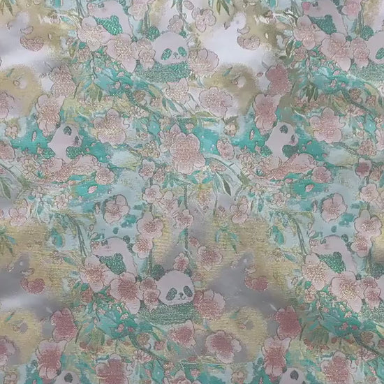 Panda & Cherry Blossom Song Brocade Fabric, Gold Thread Jacquard Textile, 2 Colors for Qipao, Hanfu, Bags and Sewing, 65" Wide