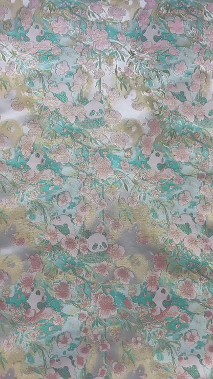 Panda & Cherry Blossom Song Brocade Fabric, Gold Thread Jacquard Textile, 2 Colors for Qipao, Hanfu, Bags and Sewing, 65" Wide