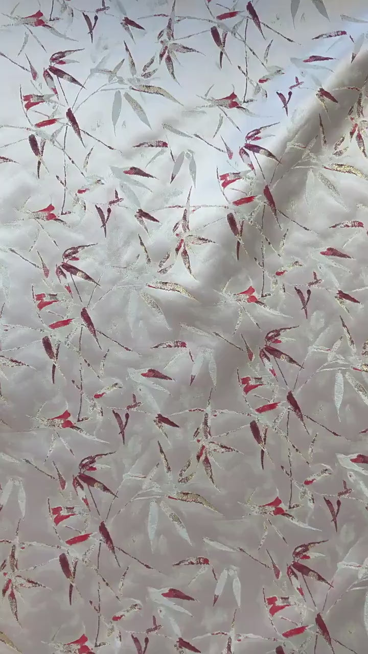 Song-Style Brocade Fabric, Ink Wash Red Bamboo Gold Thread Jacquard, White Chinese Fabric for Qipao, Hanfu, Dress & Decor, 64"Wide