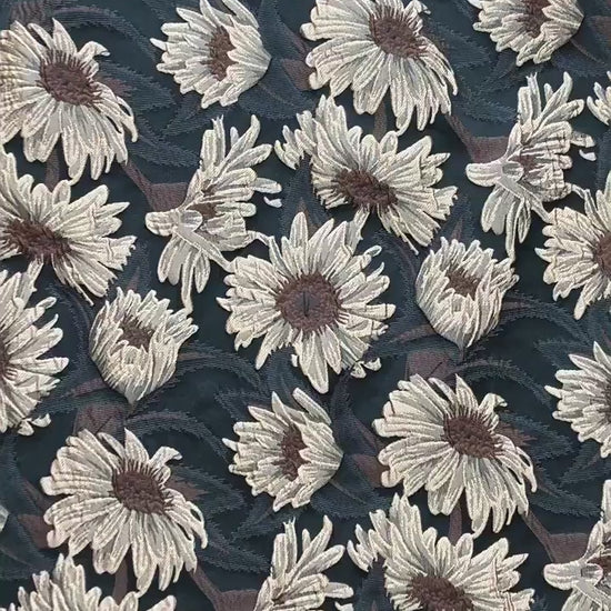 3D Sunflower Jacquard Fabric by the Meter | Vintage Embossed Floral Brocade | Black Brown | Quilting Home Decor Upholstery Bag Making