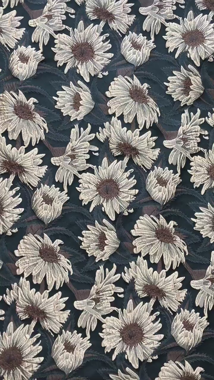 3D Sunflower Jacquard Fabric by the Meter | Vintage Embossed Floral Brocade | Black Brown | Quilting Home Decor Upholstery Bag Making
