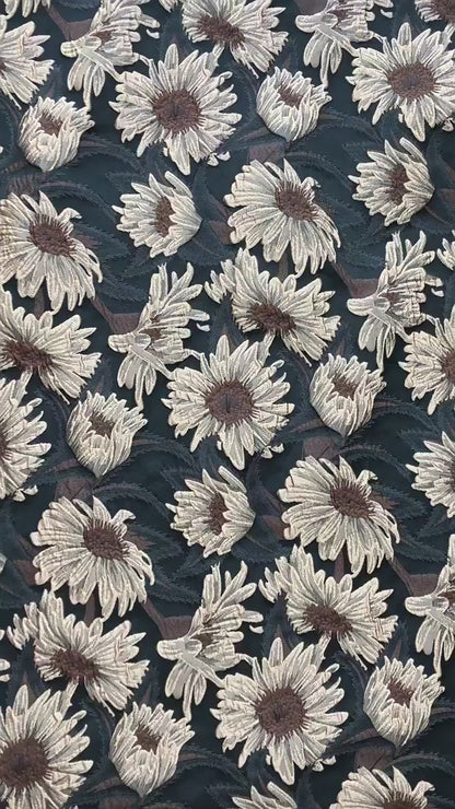 3D Sunflower Jacquard Fabric by the Meter | Vintage Embossed Floral Brocade | Black Brown | Quilting Home Decor Upholstery Bag Making