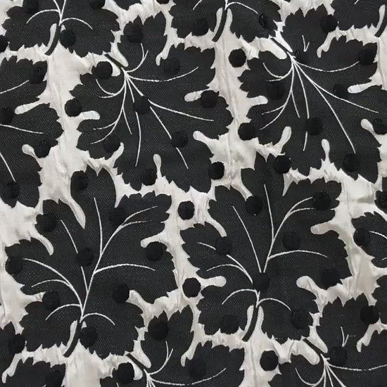Vintage Velvet Flocked Oak Leaf Jacquard Fabric, Black White Floral Upholstery Textile, Retro Home Decor Fabric, Luxury Woven Material, 53"W
