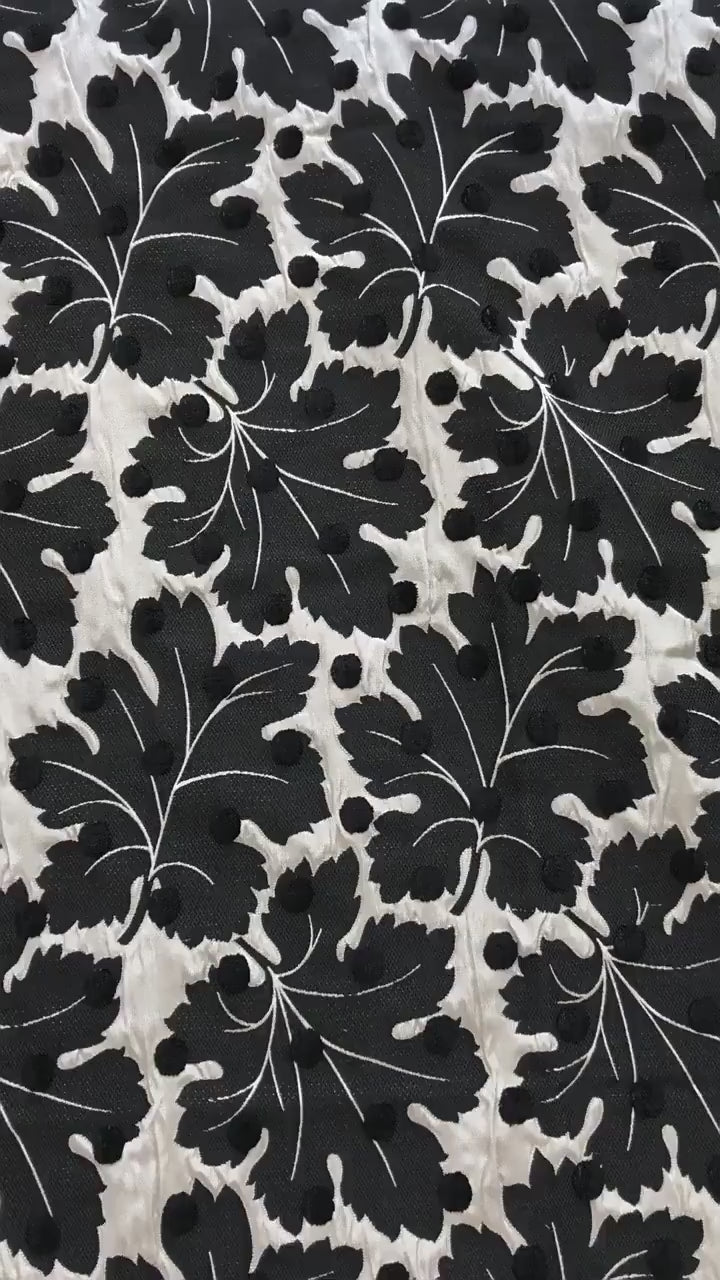 Vintage Velvet Flocked Oak Leaf Jacquard Fabric, Black White Floral Upholstery Textile, Retro Home Decor Fabric, Luxury Woven Material, 53"W
