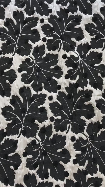 Vintage Velvet Flocked Oak Leaf Jacquard Fabric, Black White Floral Upholstery Textile, Retro Home Decor Fabric, Luxury Woven Material, 53"W