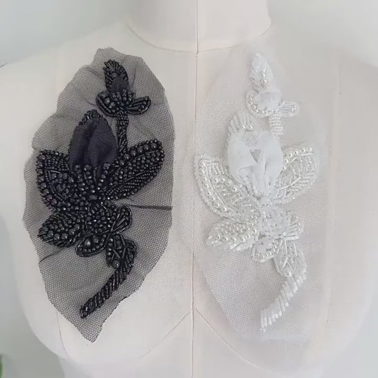 3D Beaded Floral Applique on Mesh, Pearl Sequin Flower Patch for Hanfu, Evening Gown, Bridal Dress & Stage Costume