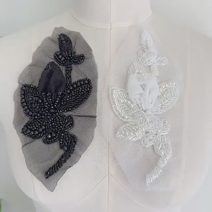 3D Beaded Floral Applique on Mesh, Pearl Sequin Flower Patch for Hanfu, Evening Gown, Bridal Dress & Stage Costume