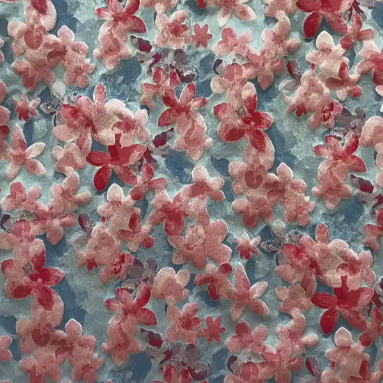 Blue Pink 3D Embossed Floral Yarn-Dyed Fabric, Soft Pastel Textured Textile for Dresses, Skirts, Jackets, Bags and Sewing - 62" Wide