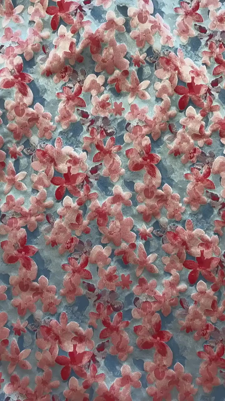 Blue Pink 3D Embossed Floral Yarn-Dyed Fabric, Soft Pastel Textured Textile for Dresses, Skirts, Jackets, Bags and Sewing - 62" Wide
