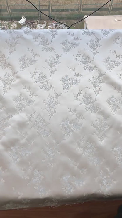 Plum Blossom Brocade Fabric: Silver White Rayon Jacquard, 59"W