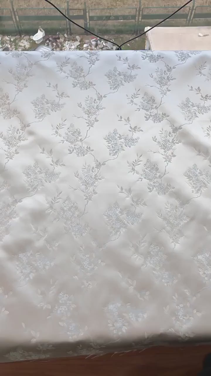 Plum Blossom Brocade Fabric: Silver White Rayon Jacquard, 59"W