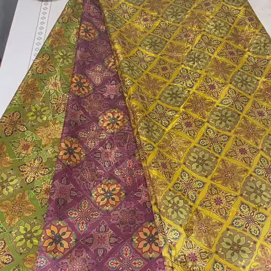 Olive Green & Gold Baoxiang Floral Print Fabric, Ornamental Geometric Medallion Textile for Dresses, Bags, Decor, Crafts and Sewing