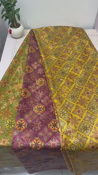 Olive Green & Gold Baoxiang Floral Print Fabric, Ornamental Geometric Medallion Textile for Dresses, Bags, Decor, Crafts and Sewing