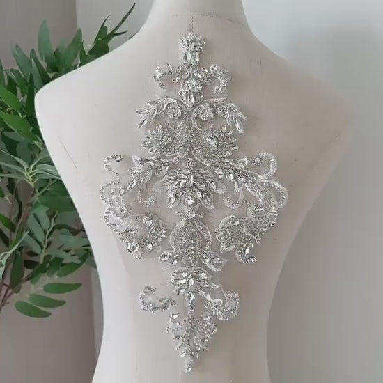 Silver Geometric Floral Rhinestone Applique | Handmade Crystal Beaded Patch | Bridal Bodice Waist Back Wedding DIY