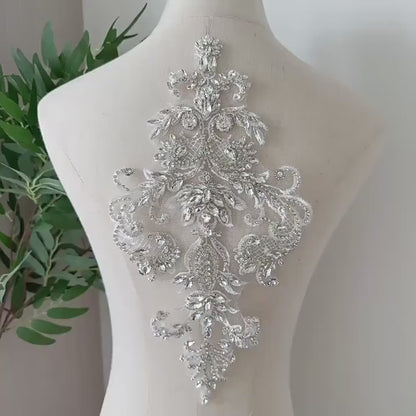 Silver Geometric Floral Rhinestone Applique | Handmade Crystal Beaded Patch | Bridal Bodice Waist Back Wedding DIY