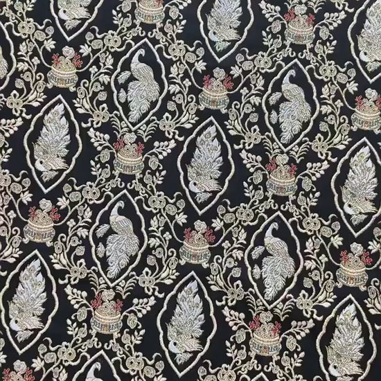 Peacock Floral Gold Thread Jacquard Fabric, Black Brocade Decorative Textile for Qipao, Bags, Cushions, Crafts and Sewing