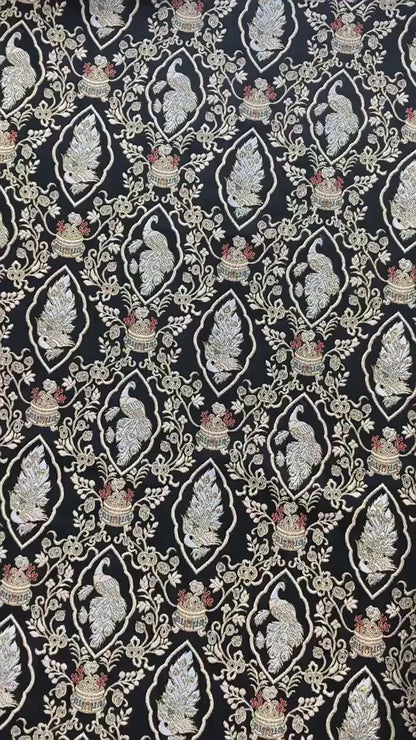 Peacock Floral Gold Thread Jacquard Fabric, Black Brocade Decorative Textile for Qipao, Bags, Cushions, Crafts and Sewing