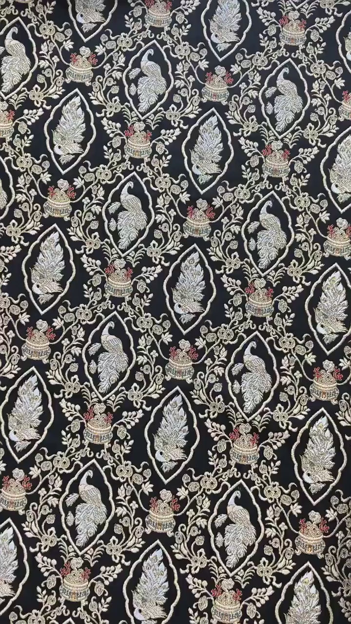 Peacock Floral Gold Thread Jacquard Fabric, Black Brocade Decorative Textile for Qipao, Bags, Cushions, Crafts and Sewing