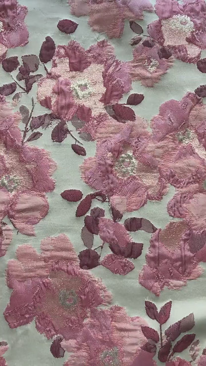 Pink Floral Jacquard Fabric, Oil Painting Style Embossed Flower Textile, Gold Metallic Woven Fabric, Vintage Dress Home Decor Material, 54"