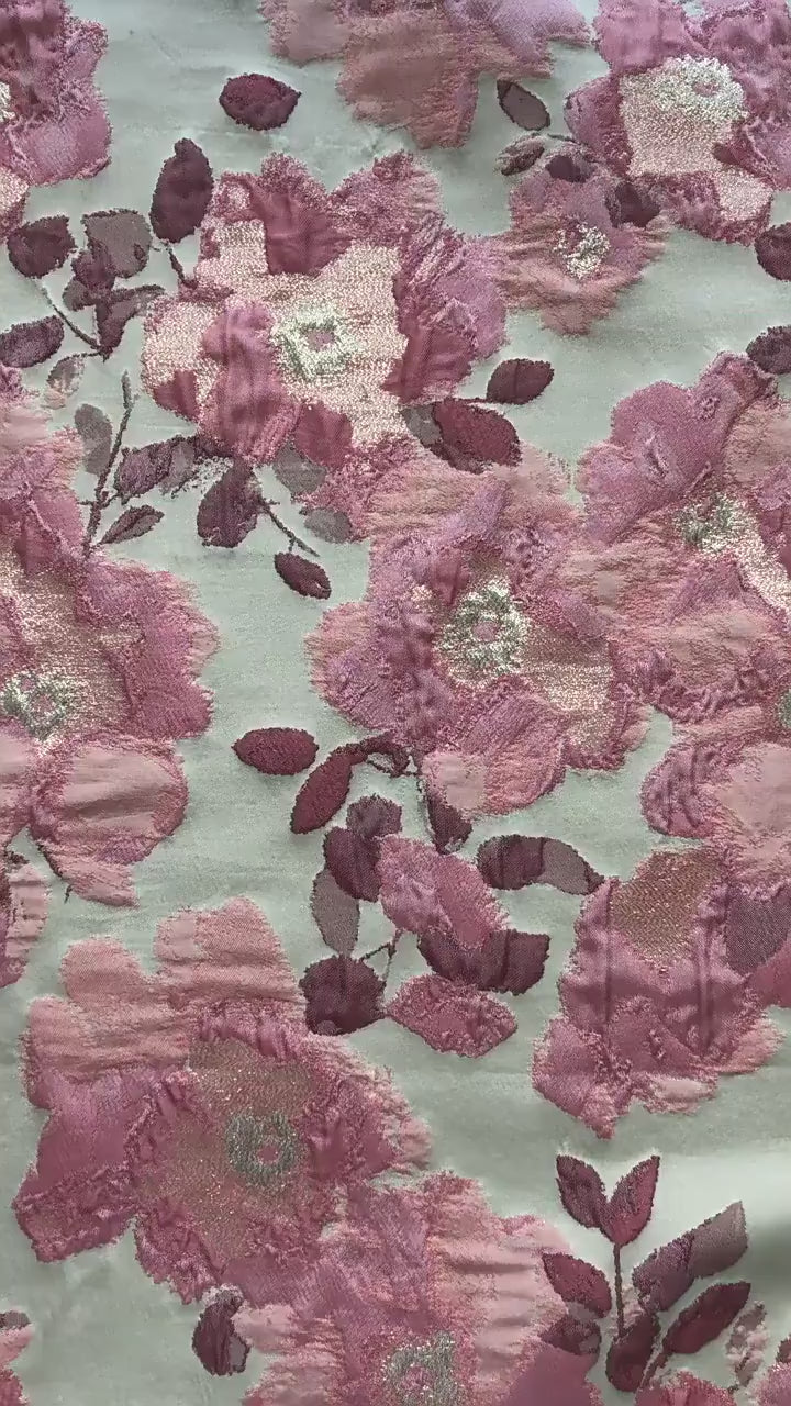 Pink Floral Jacquard Fabric, Oil Painting Style Embossed Flower Textile, Gold Metallic Woven Fabric, Vintage Dress Home Decor Material, 54"