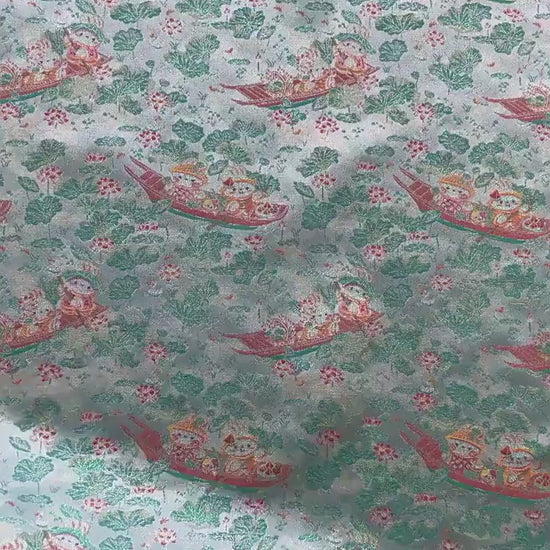 Chinese Song Brocade Jacquard Fabric | Gold Thread Rabbit Lotus Pattern Textile | Traditional Woven Fabric By Yard, 59" Wide