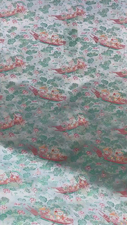 Chinese Song Brocade Jacquard Fabric | Gold Thread Rabbit Lotus Pattern Textile | Traditional Woven Fabric By Yard, 59" Wide