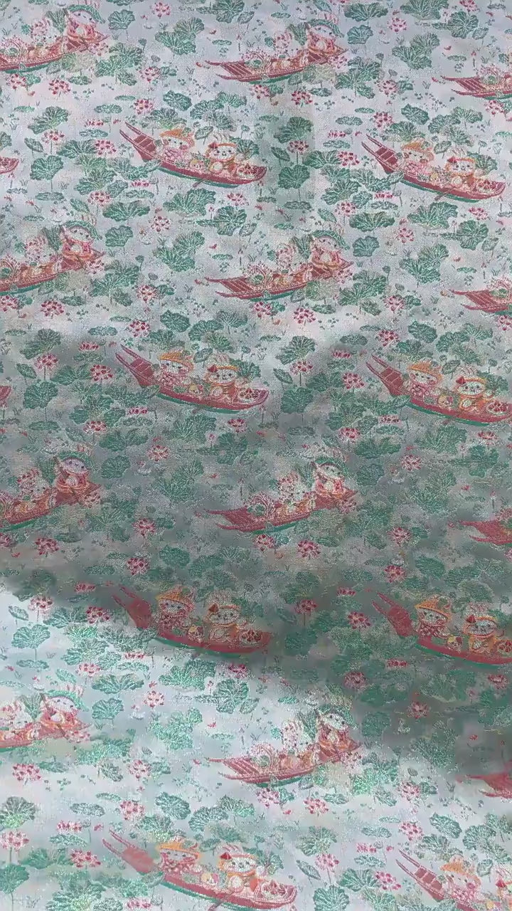 Chinese Song Brocade Jacquard Fabric | Gold Thread Rabbit Lotus Pattern Textile | Traditional Woven Fabric By Yard, 59" Wide
