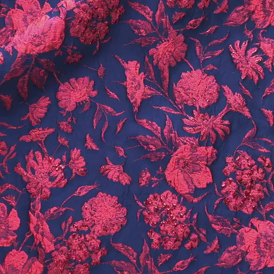 Blue Gold Jacquard Fabric by Yard, Vintage Red Flower Brocade Textile, Oriental Metallic Fabric for Dress Curtains Crafts, 54"Wide