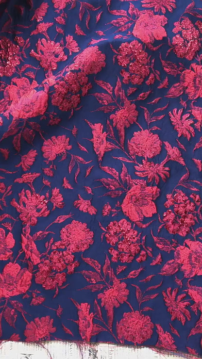 Blue Gold Jacquard Fabric by Yard, Vintage Red Flower Brocade Textile, Oriental Metallic Fabric for Dress Curtains Crafts, 54"Wide