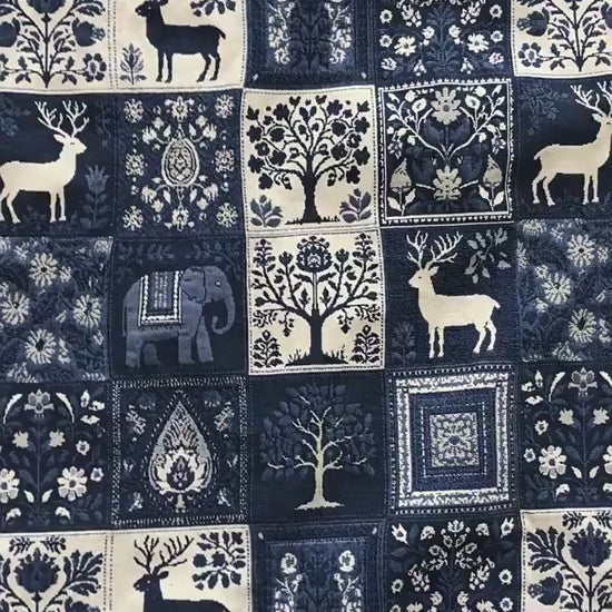 Blue White Medieval Tapestry Jacquard Fabric, Woven Animal & Tree of Life Design, William Morris Style Upholstery Fabric by the Yard