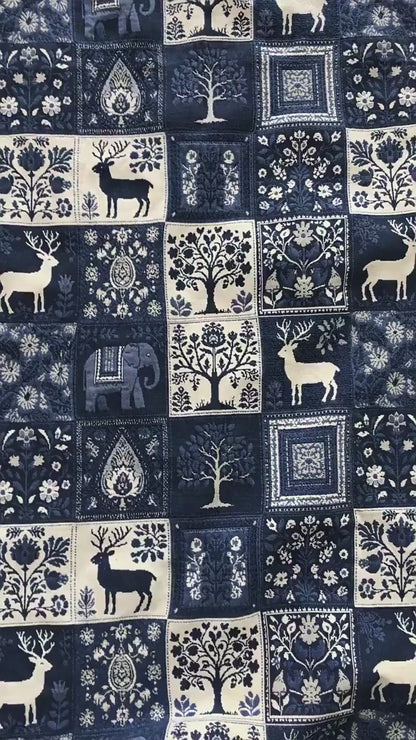 Blue White Medieval Tapestry Jacquard Fabric, Woven Animal & Tree of Life Design, William Morris Style Upholstery Fabric by the Yard